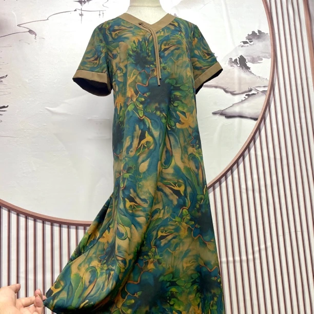 3377碎花通用A字裙水墨连衣裙时尚夏季绿色V领旗袍双层新中式印花