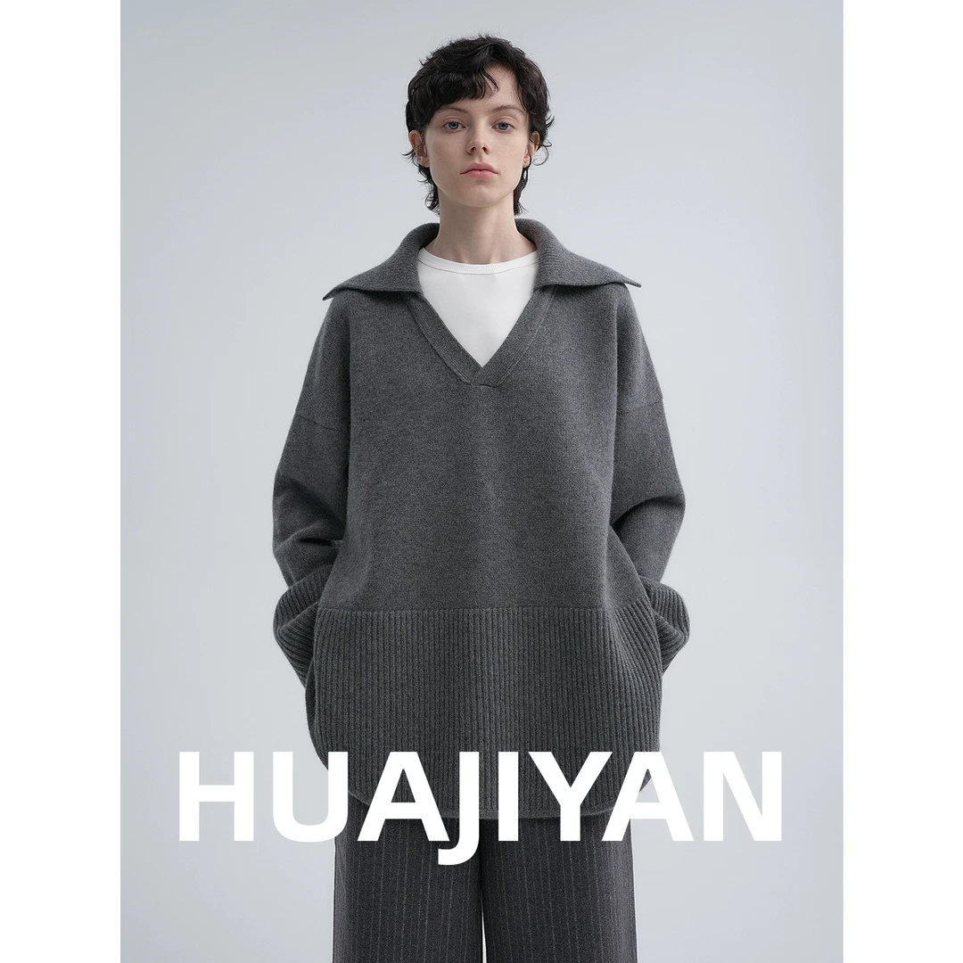 华吉言/HUAJIYAN【海岸】100绵羊毛细腻加厚海军领套头毛衣