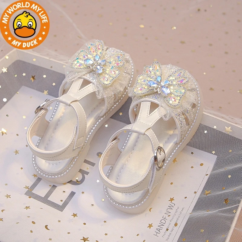 小黄鸭女童儿童凉鞋2025新款夏小女孩软底单鞋水钻蝴蝶包头公主鞋
