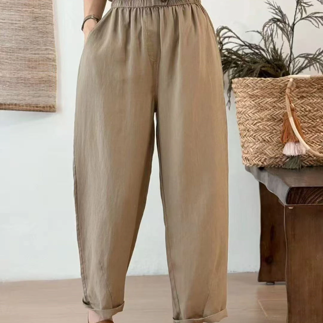纯亚麻一粒扣松紧高腰萝卜裤女新款文艺纯色宽松百搭哈伦裤L24