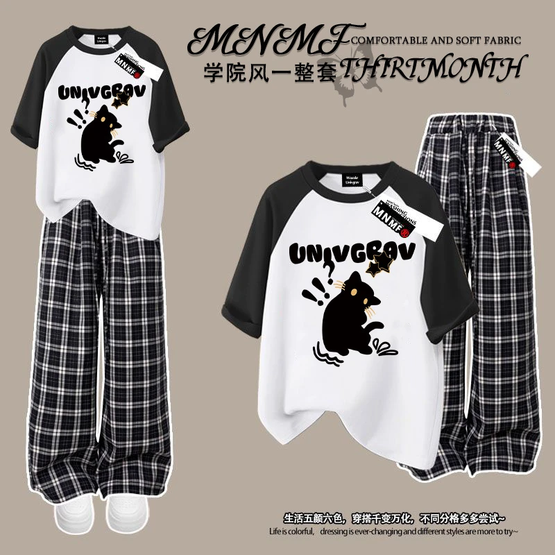 儿童卡通小猫印花夏季男女童休闲宽松撞色短袖T恤格子长裤两件套