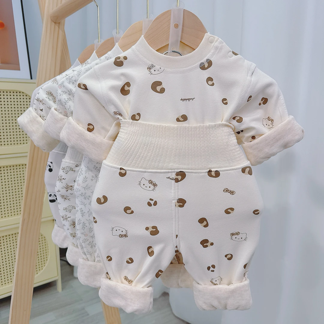 婴儿冬季羽绒蚕丝保暖内衣A类满印花套装宝宝双层加绒加厚保暖