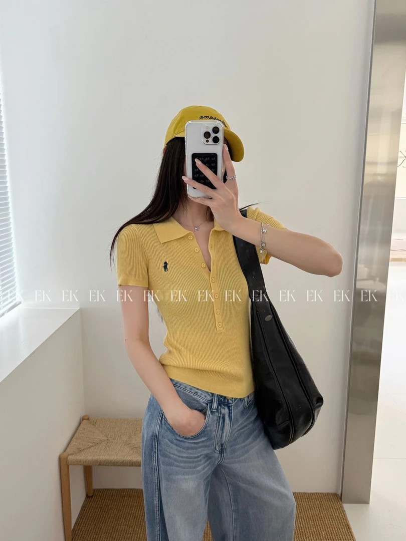 EK2025年夏季新款港风刺绣POLO衫纯色修身显瘦短袖T恤女上衣1037