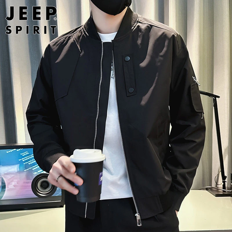 JEEPSPIRIT黑色夹克男士秋冬新款工装运动茄克潮流休闲棒球服外套