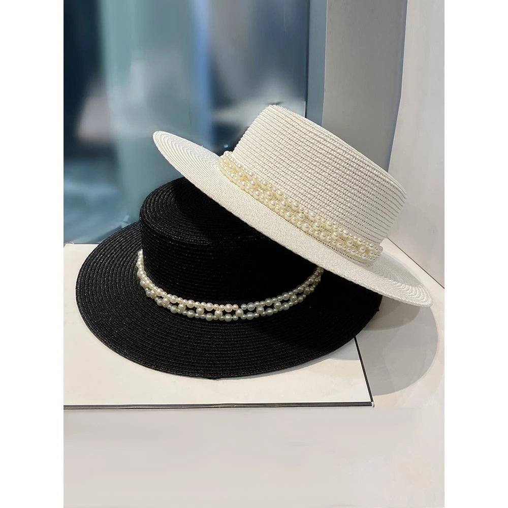 Miss both夏天遮阳防晒大檐礼帽珍珠链条平顶帽休闲时尚百搭草帽