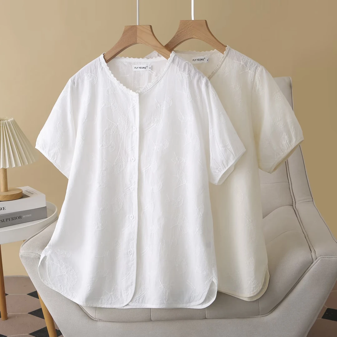 夏季衬衫女装棉刺绣圆领大码文艺宽松短袖衬衫休闲复古大板短袖