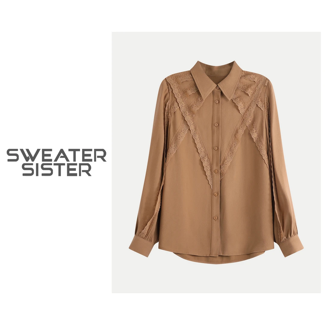 休闲洋气蕾丝装饰纽扣衬衫常规款长袖女626-051