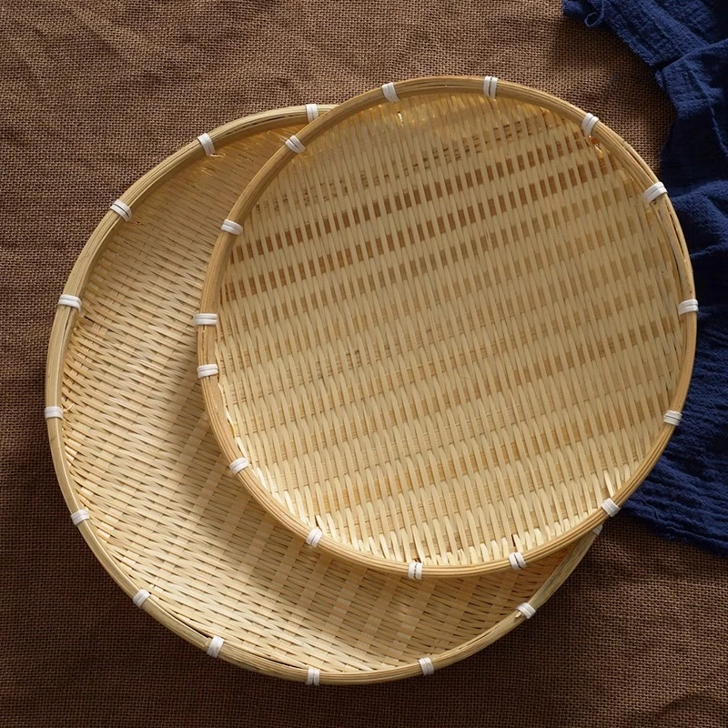 竹编盘子圆形簸箕盘子纯色家用果盘编织藤手工零食盘