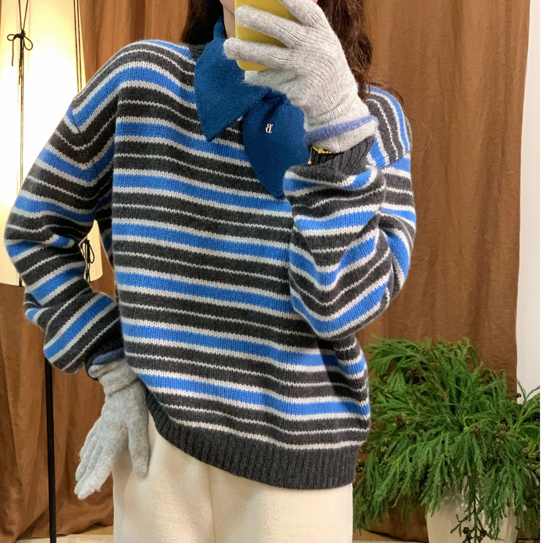 【摩姐姐欧韩】1651冬季新款圆领撞色条纹显白绵羊毛毛衣