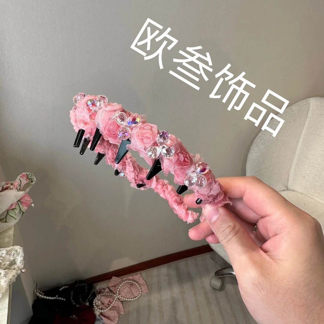 fk642粉色玫瑰蕾丝褶皱狼牙锯齿发箍高颅顶百搭精致显脸小