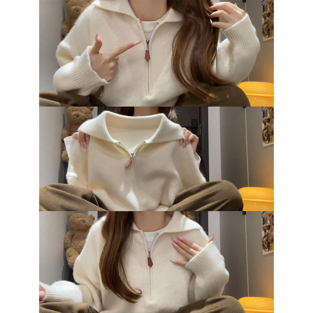 韩系复古气质宽松长袖polo翻领针织衫半拉链上衣女秋冬慵懒毛衣