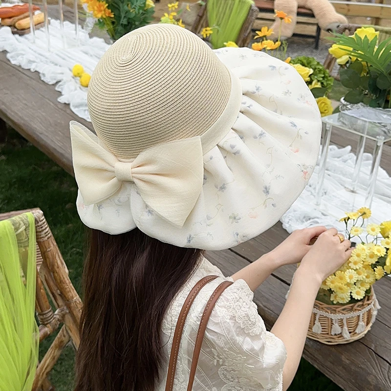 水墨中国风渔夫帽子女春夏季防晒遮阳帽透气印花蝴蝶结拼接太阳帽