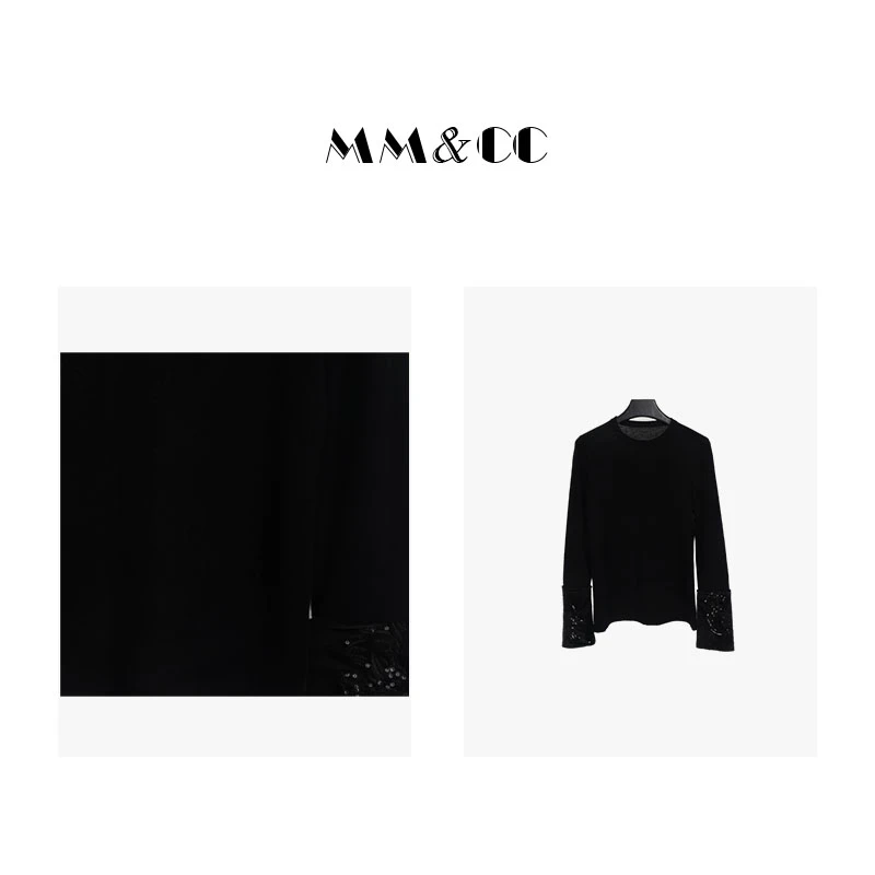 【亮晶晶】新中式国风打底衫女秋冬圆领袖口亮片刺绣工艺小衫E6810