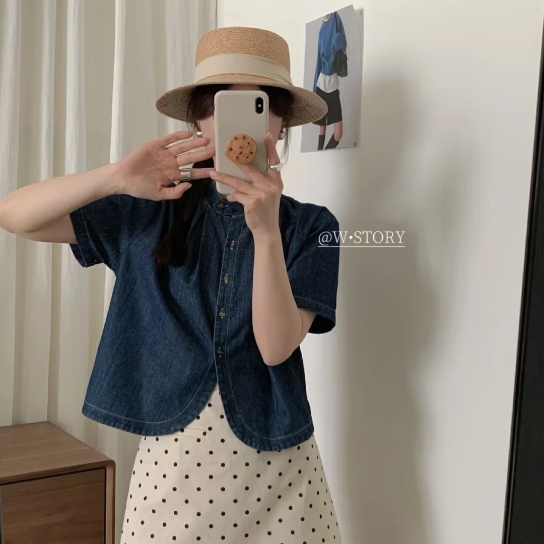 小个子蓝色牛仔短袖立领衬衫洋气时尚夏季女上衣-2523
