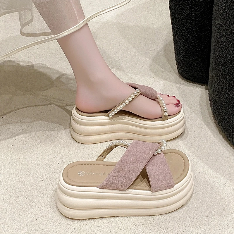 法式厚底增高小个子拖鞋女夏季外穿2025新款配裙子绝美沙滩凉拖鞋