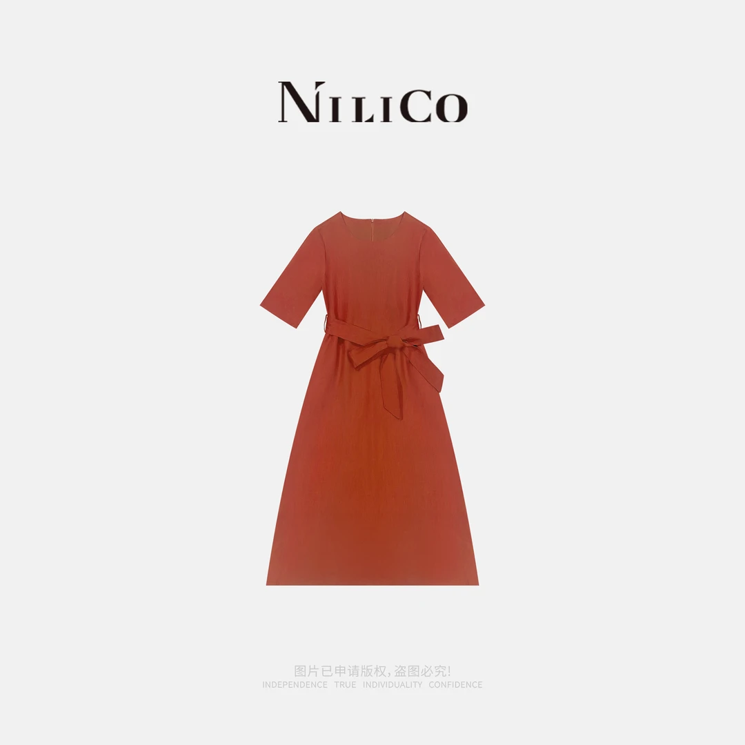 NILICO【落日玫瑰】法国种植区100%亚麻热烈气质圆领配腰带连衣裙