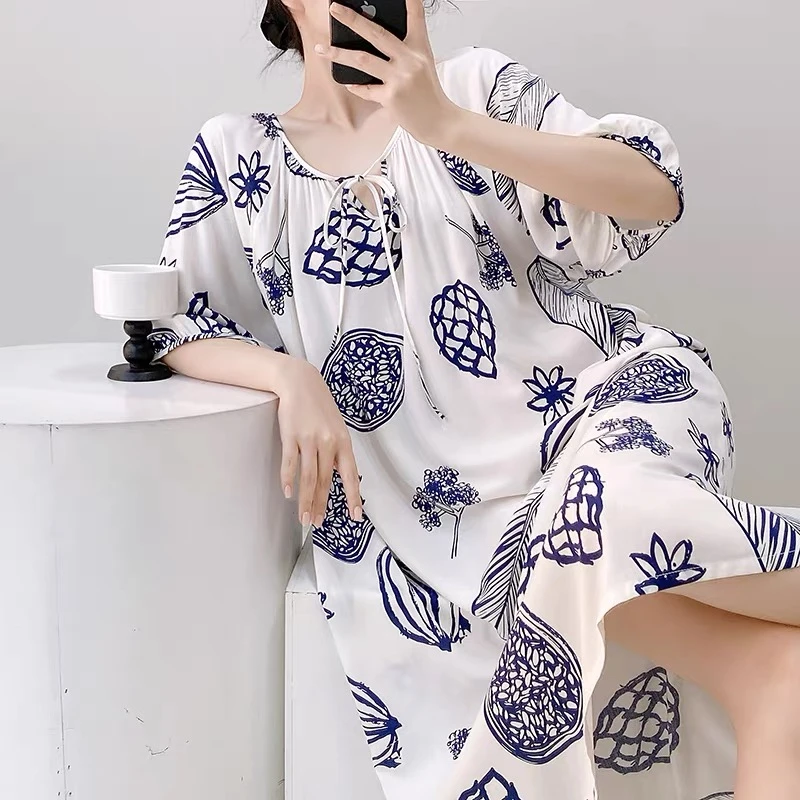 大码睡裙女夏季薄款沙滩长裙绵绸睡衣春秋天女士度假风棉绸家居服