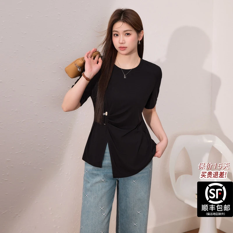 蓝语大码女装黑色天丝凉感短袖2025夏新款收腰遮肚子上衣夏天穿搭