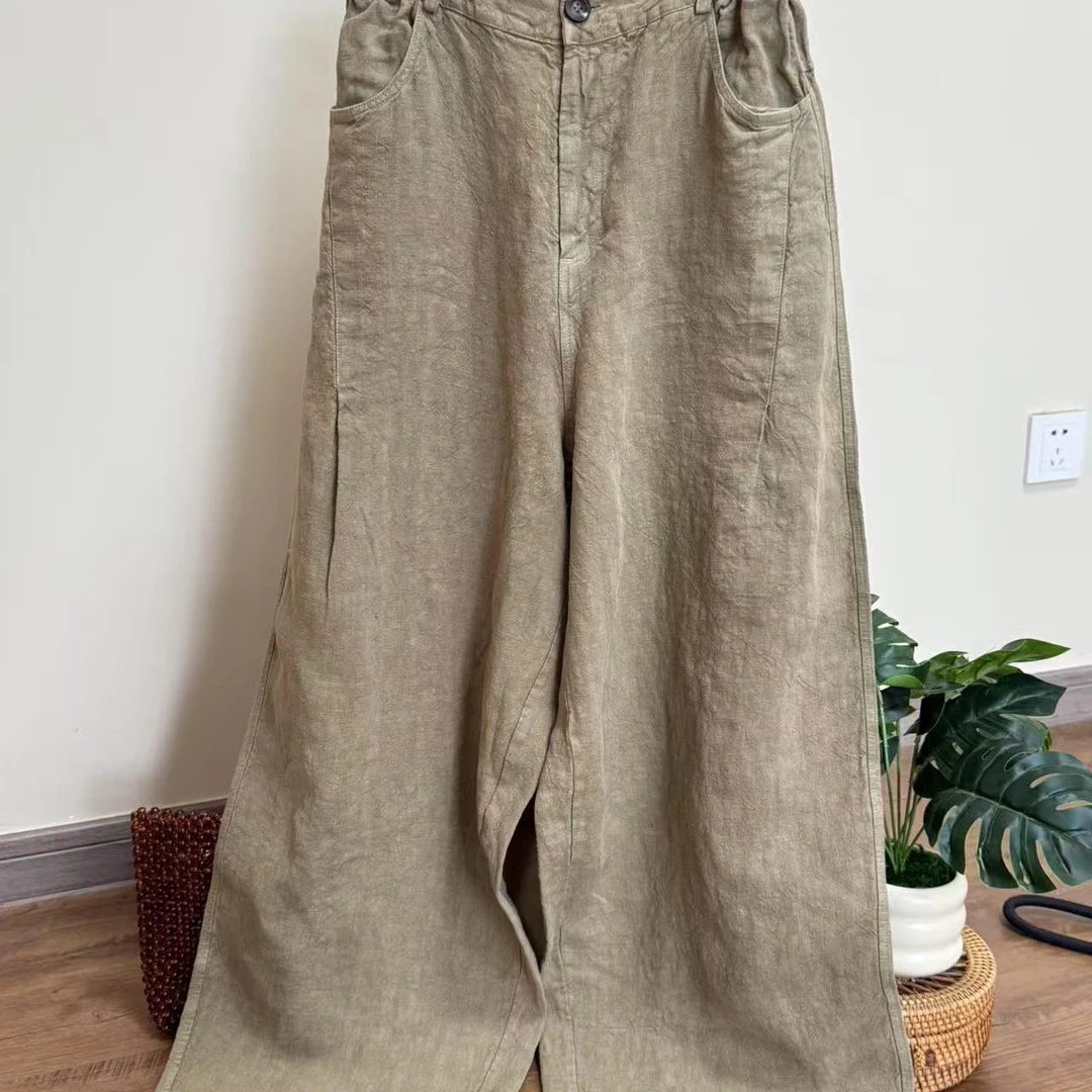 【云目悠悠】春夏季纯汉麻纯色时尚女士老钱风直筒裤--2025547