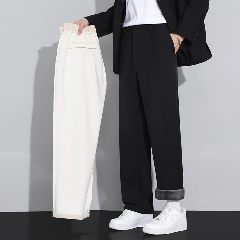 冬季加绒垂感黑色西裤男秋冬男裤商务休闲裤子宽松直筒长裤阔腿西