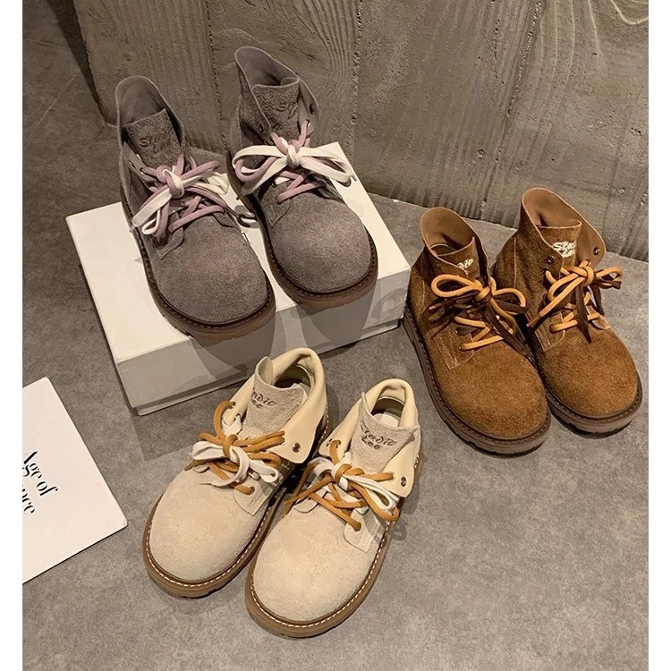 葡萄妈同款 增高4cm~时髦大圆头撞色双鞋带真皮短筒靴马丁靴女秋