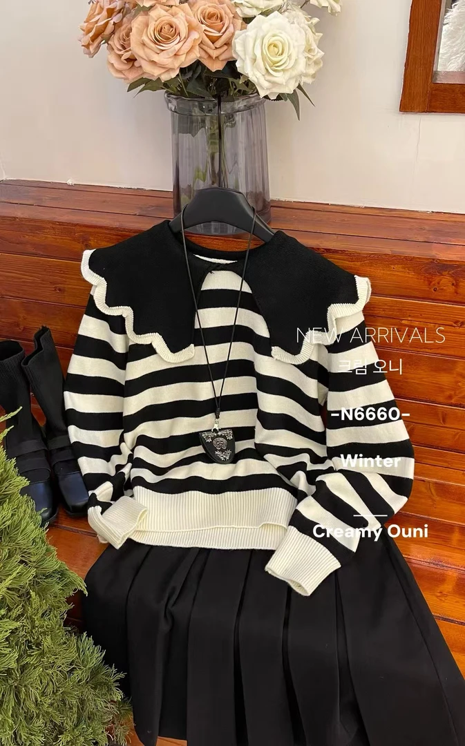 米满满-奶油欧尼（#6660）娃娃领条纹衫上衣