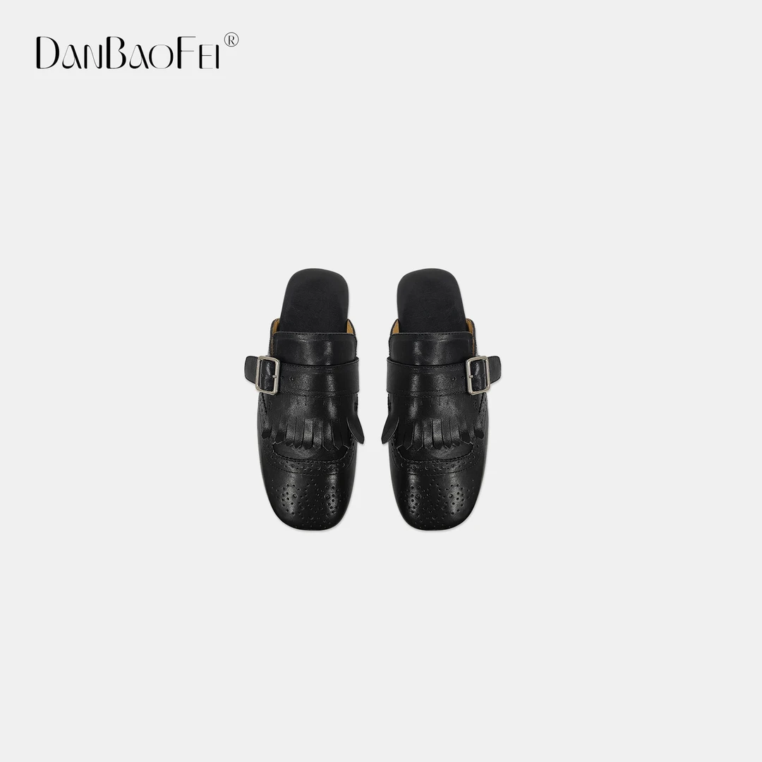 【DAMEI】流苏包头磨砂胎牛皮平底穆勒拖鞋 YLM001049