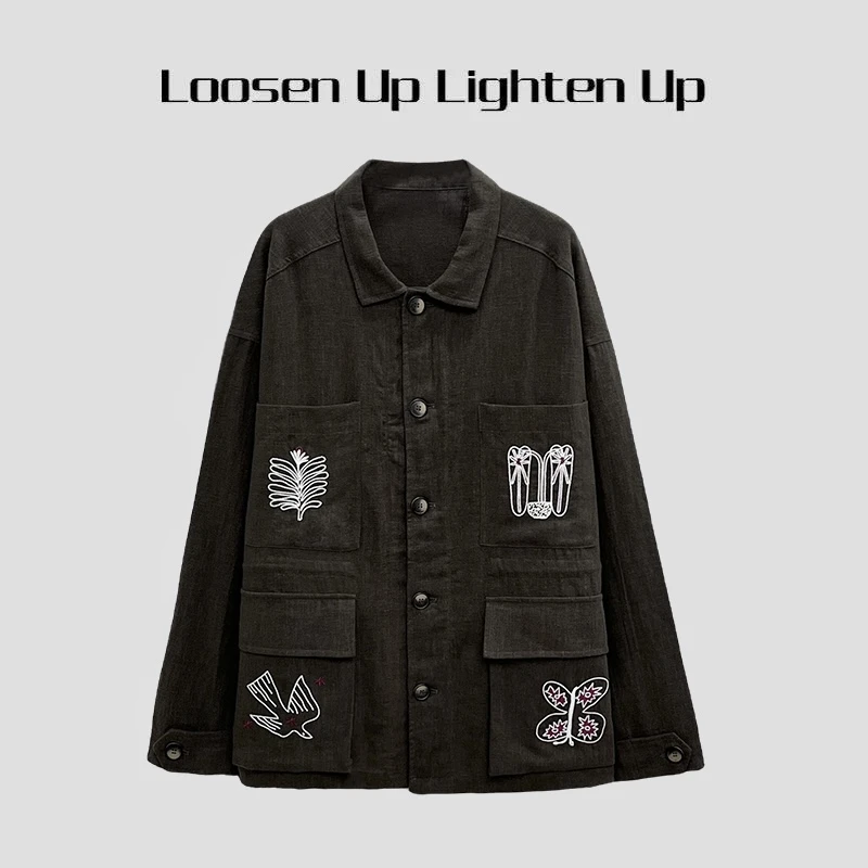Loosen Up【飞鸟集】复古刺绣亚麻混纺慵懒宽松工装风隐形抽绳外套