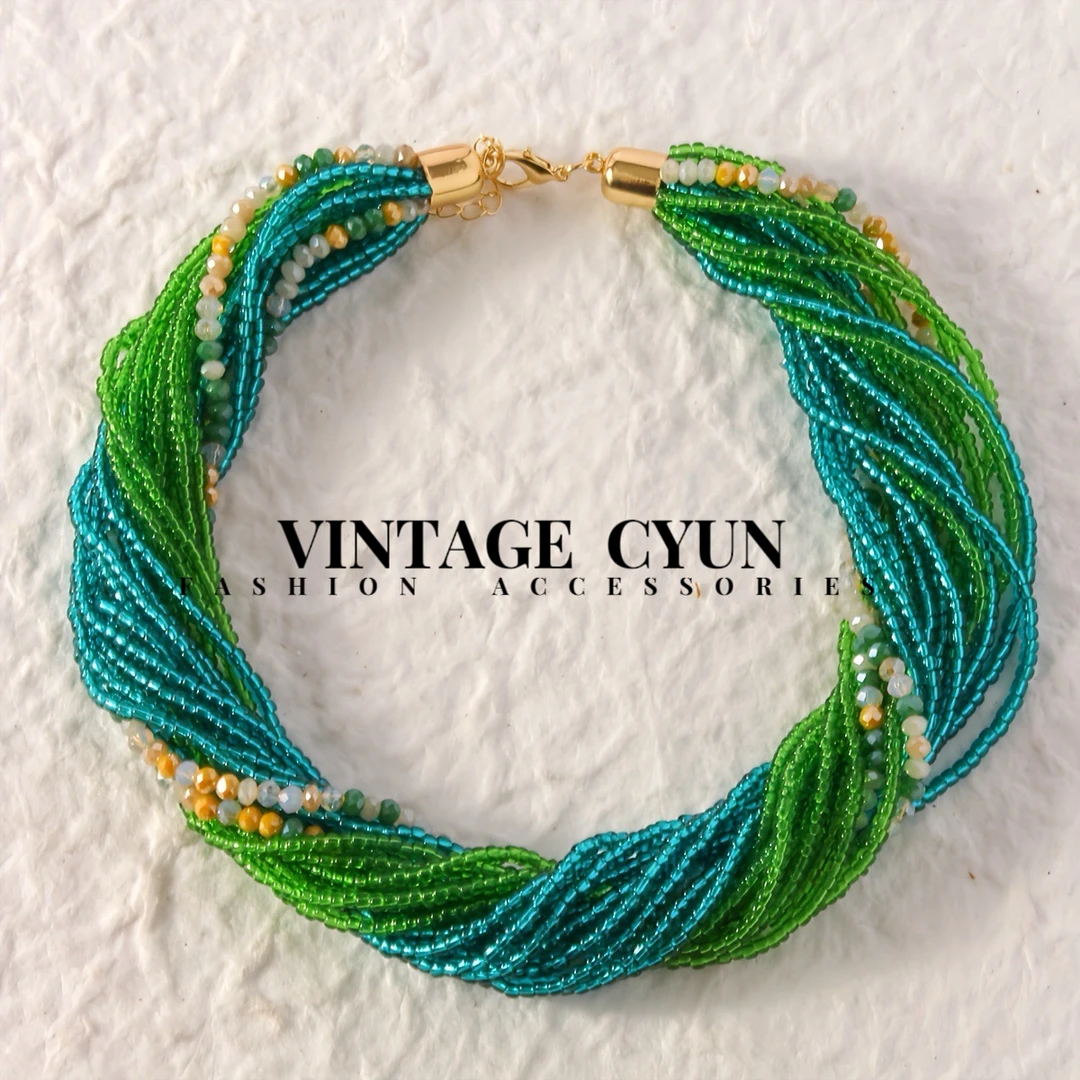 铜合金琉璃项链 11904手工蓝绿色编织多层女士扭扭项链