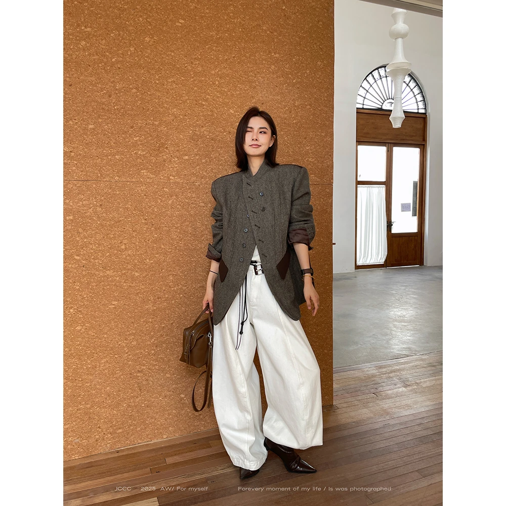 JCCC影子【棕褐拼图】咖色羊毛混纺复古单面呢西装外套JE5BMW10