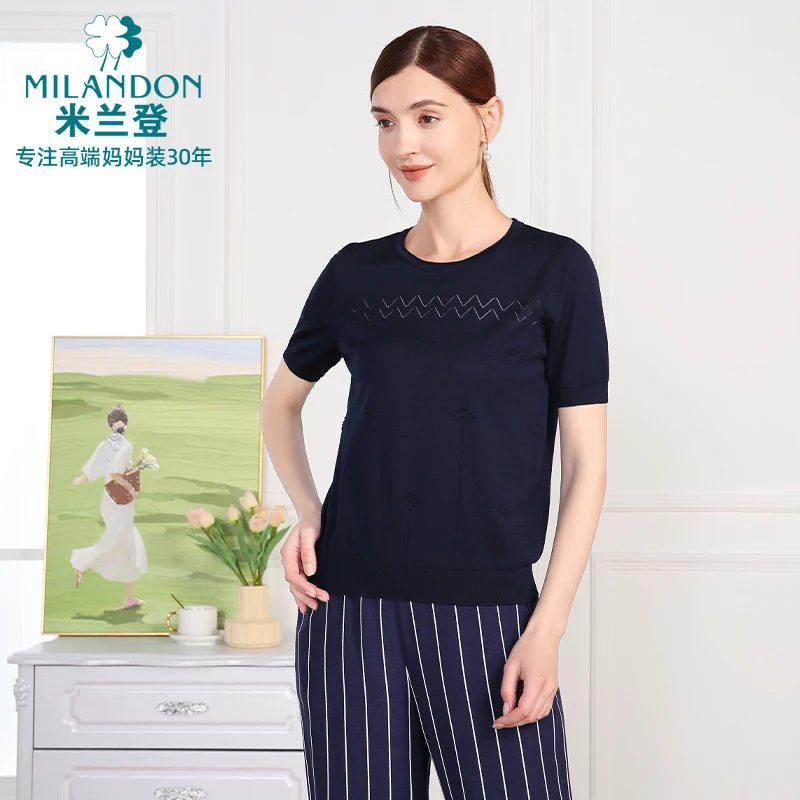 MILANDON/米兰登2025夏季短袖圆领针织衫镂空透气女上衣1Q2W1110