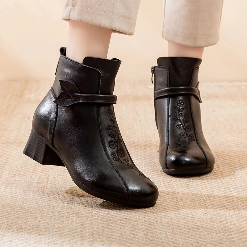 断码短靴女秋冬加绒保暖时尚百搭高跟妈妈鞋子A580