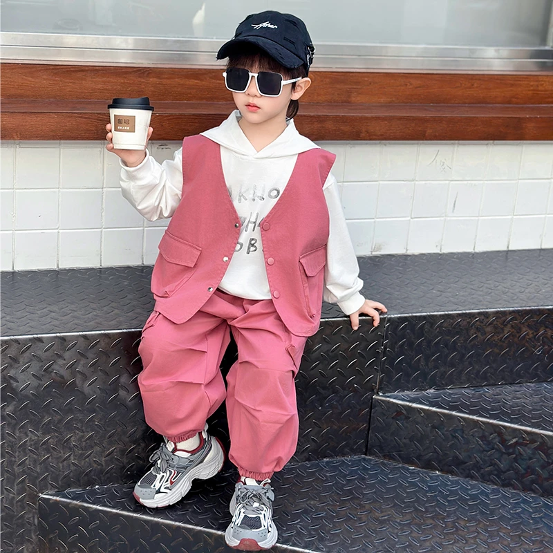 男童春秋装套装2025新款韩版儿童酷帅工装马甲男孩宝宝洋气三件套