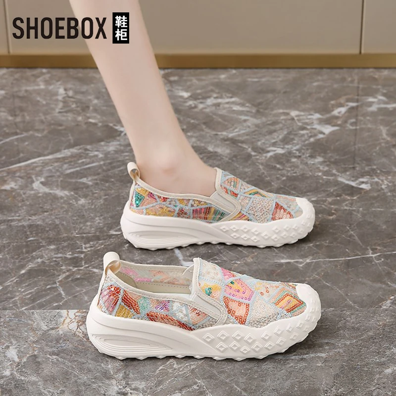 SHOEBOX鞋柜踩屎感渔夫鞋秋女鞋季透气亮片网鞋不累脚软底布鞋
