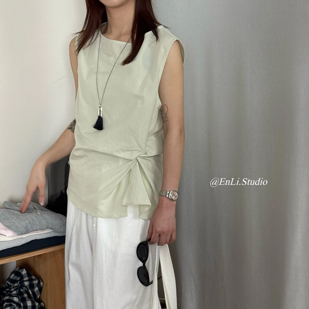 ENLI-25潘通‘半夏绿’棉麻天丝坎肩气质时尚无袖