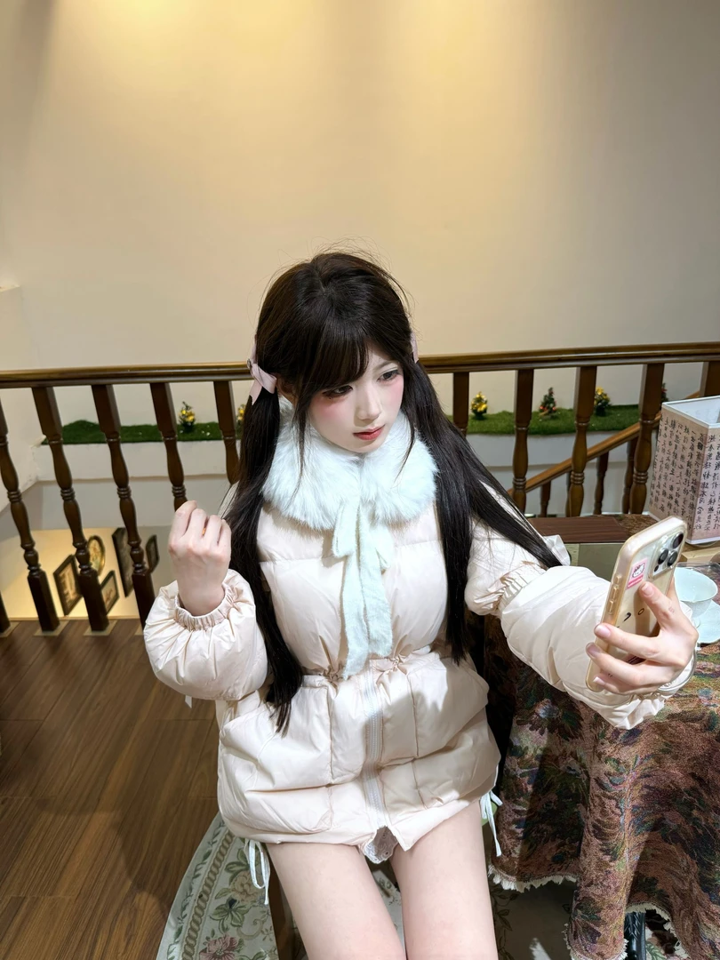 【小蚊同学】粉扑扑冬季韩版围脖收腰显瘦中长款棉衣外套