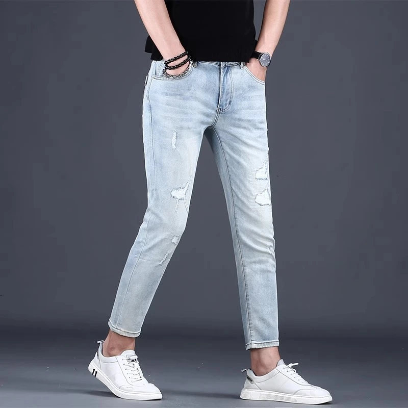 MR.25夏季新款男士潮流破洞九分牛仔裤弹力修身小脚韩版潮牌裤子