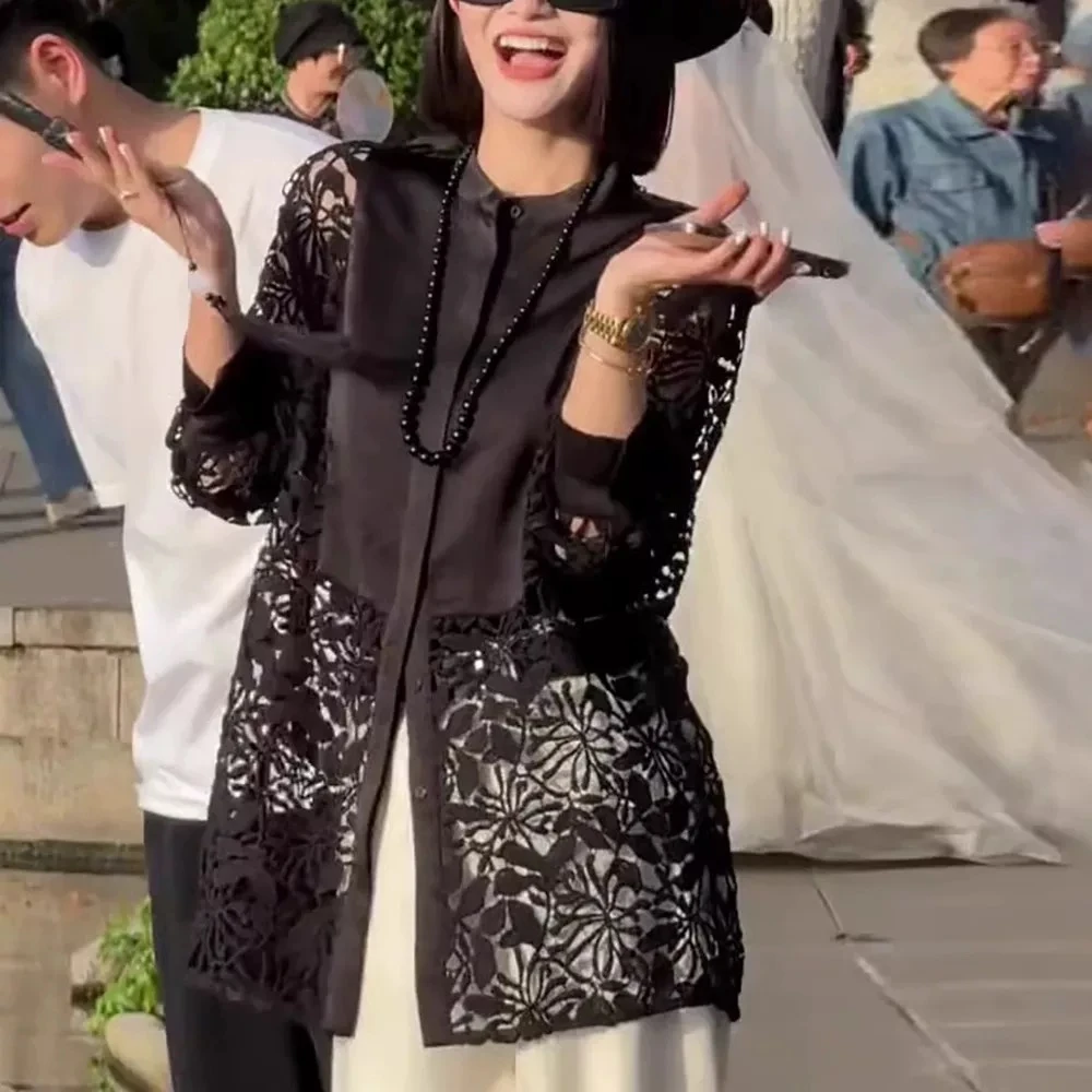 镂空蕾丝衬衫女士春夏2025宽松型显瘦时尚减龄设计感洋气长袖上衣