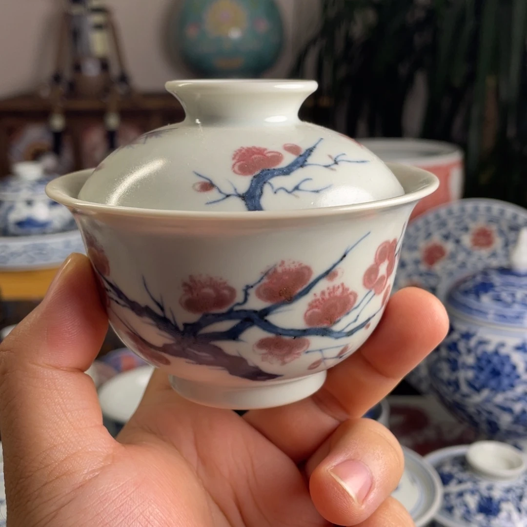 排***三青花釉里红松竹梅盖碗