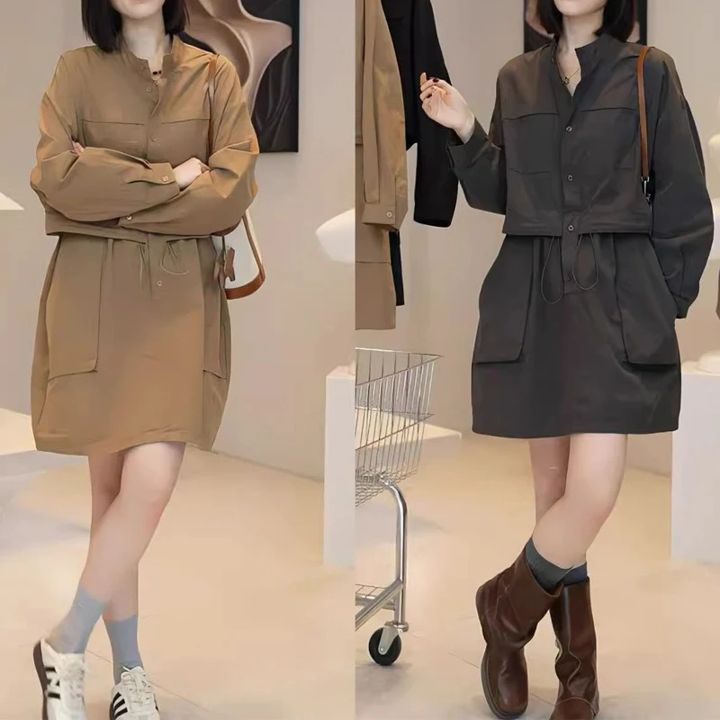 2025春季新款假两件气质显瘦收腰工装连衣裙女长袖时尚休闲百搭裙