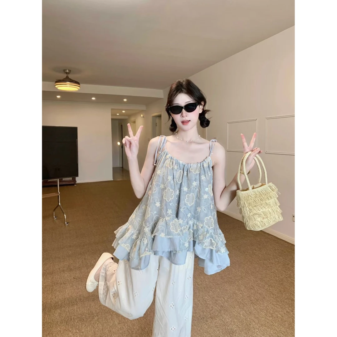 2025新款独特绝美夏天小套装女不规则荷叶边吊带背心镂空阔腿长裤
