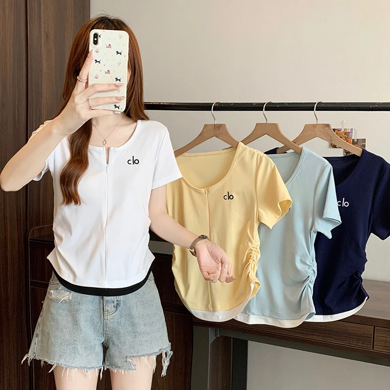 夏装新款胖mm大码女时尚半开领撞色弧形掐腰短袖T恤