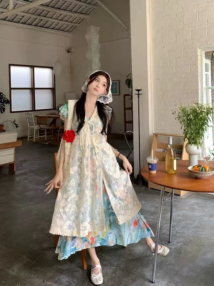 复古彩色油画小飞袖连衣裙女夏季甜美蕾丝罩衫背心长裙套装8564
