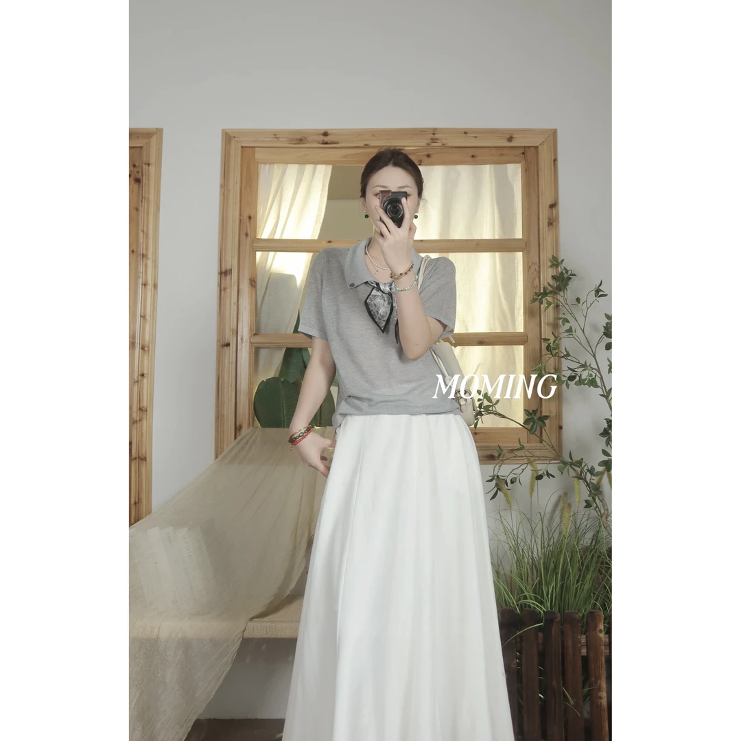 MOMING夏季新品 清透 韩系简约大气微镂空针织上衣T恤