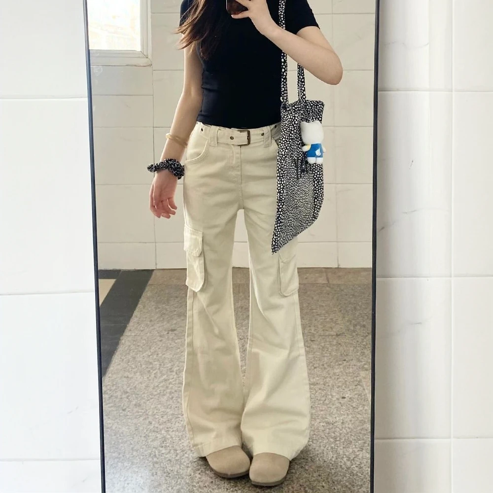 米白色微喇叭工装牛仔裤女新款美式复古宽松阔腿显瘦直筒休闲裤子