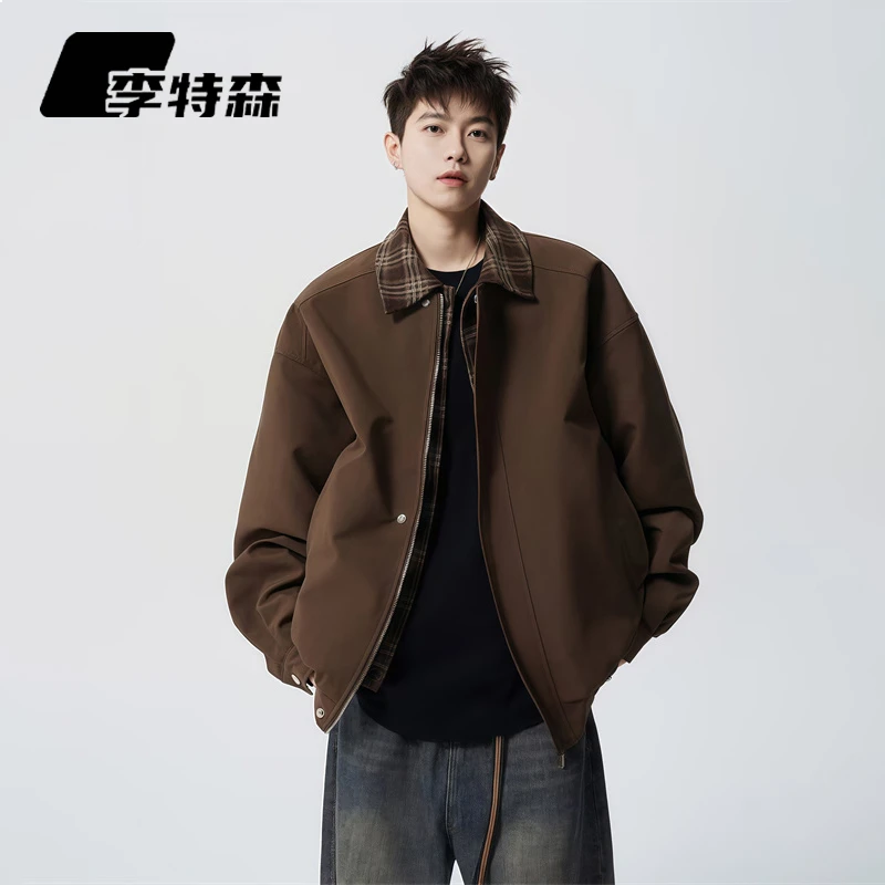 李特森美式复古假两件外套男士秋季新款琥珀流光高级感长袖夹克潮