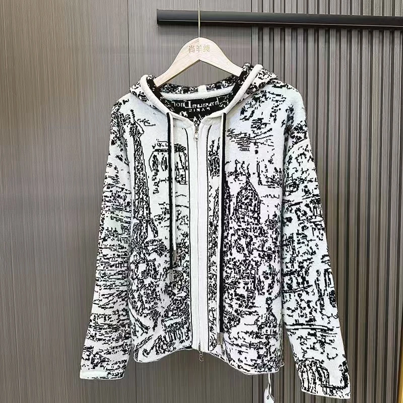 【七夕私享】DI*R2024新款素描花色两面纯羊绒加厚开衫CYR240090