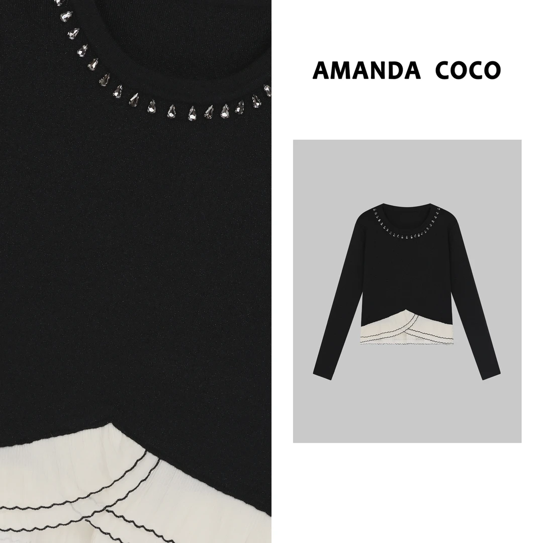 AMANDACOCO茜茜丨设计师款~高定串钻拼接长袖上衣