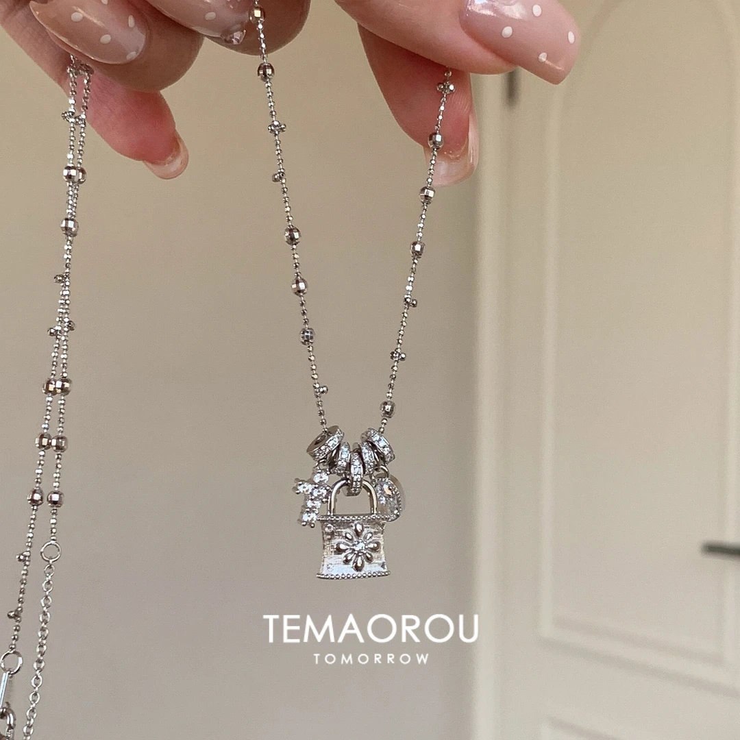 合金项链 可拆卸实心锁包跑环十字架吊坠项链女轻奢感锁骨链配饰