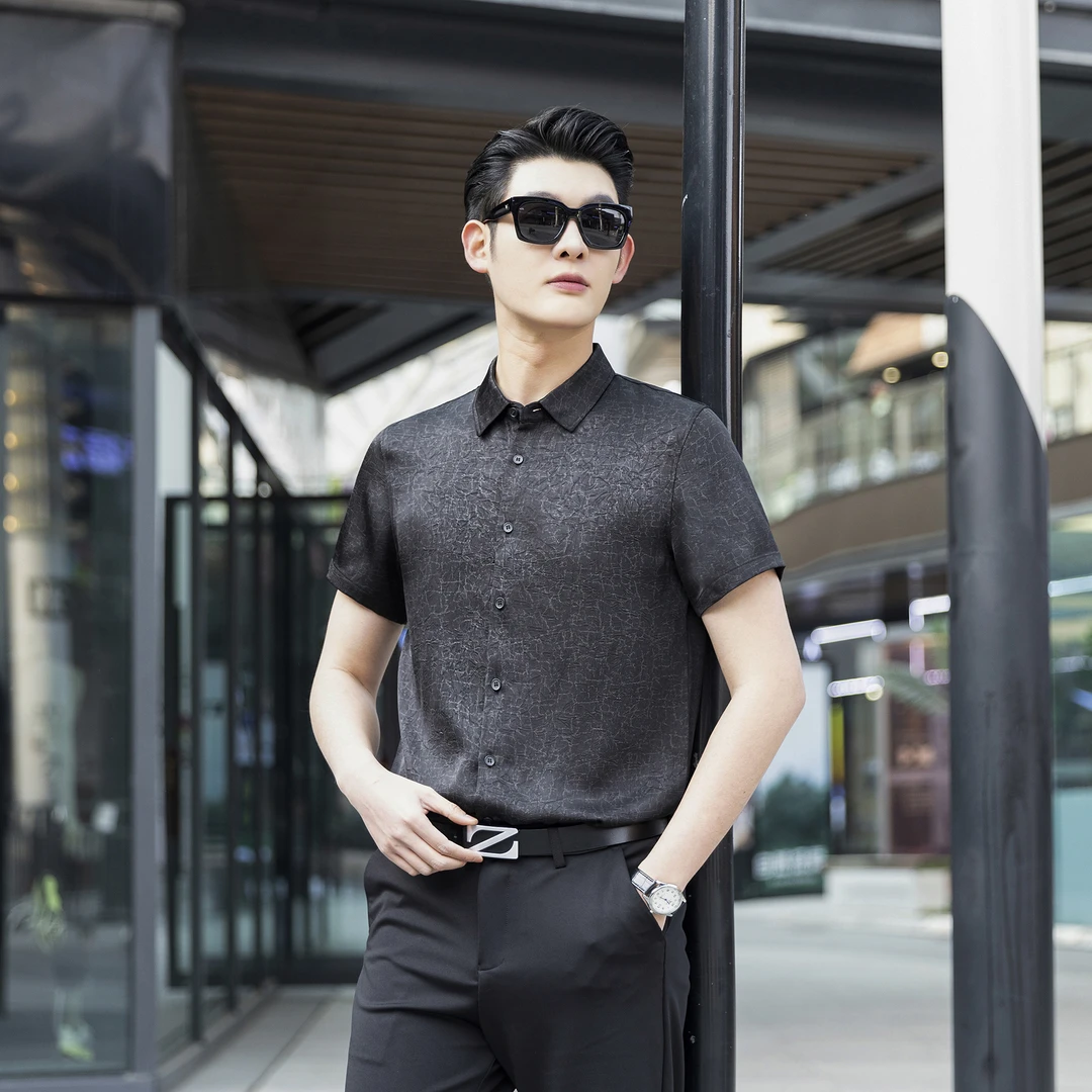 男士上衣半袖夏季衬衫休闲翻领香云纱短袖国风薄款黑色桑蚕丝百搭